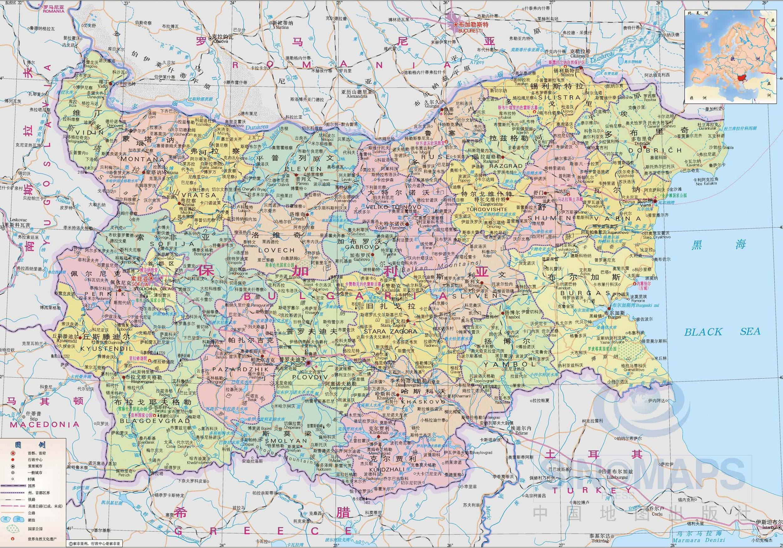 保加利亚地图,保加利亚地图高清中文版