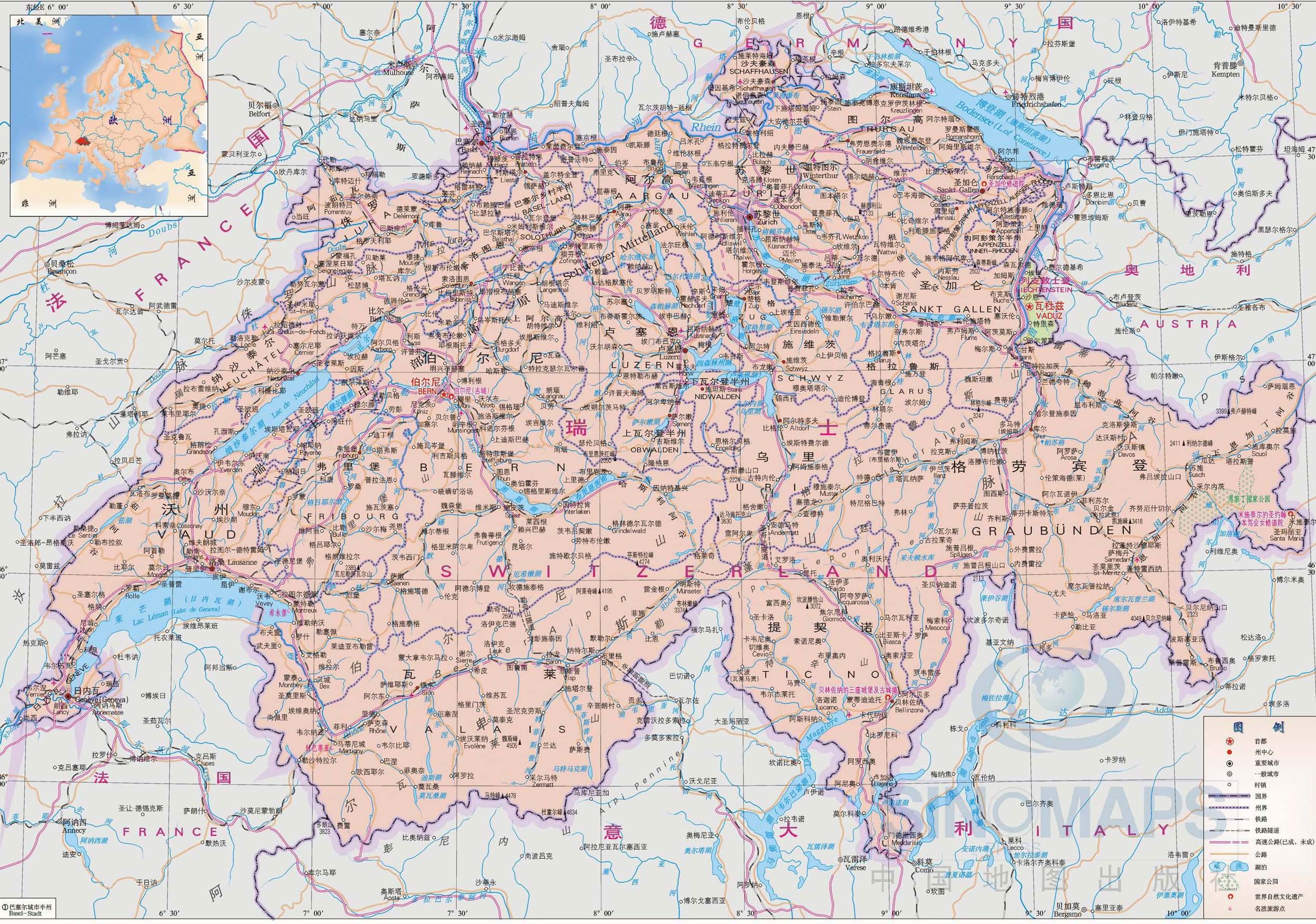 瑞士地图,瑞士地图高清中文版
