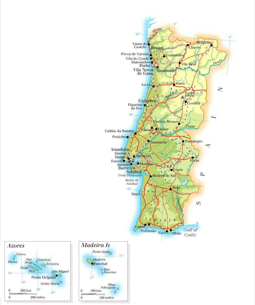 葡萄牙地形图,葡萄牙地图高清中文版