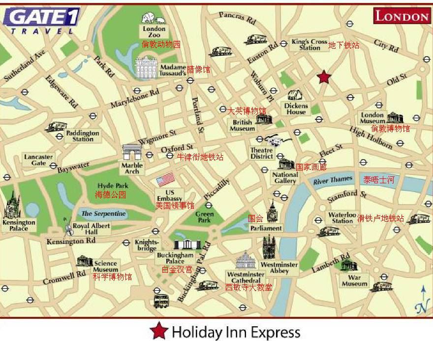 伦敦市中心旅游景点分布地图,英国地图高清中文版