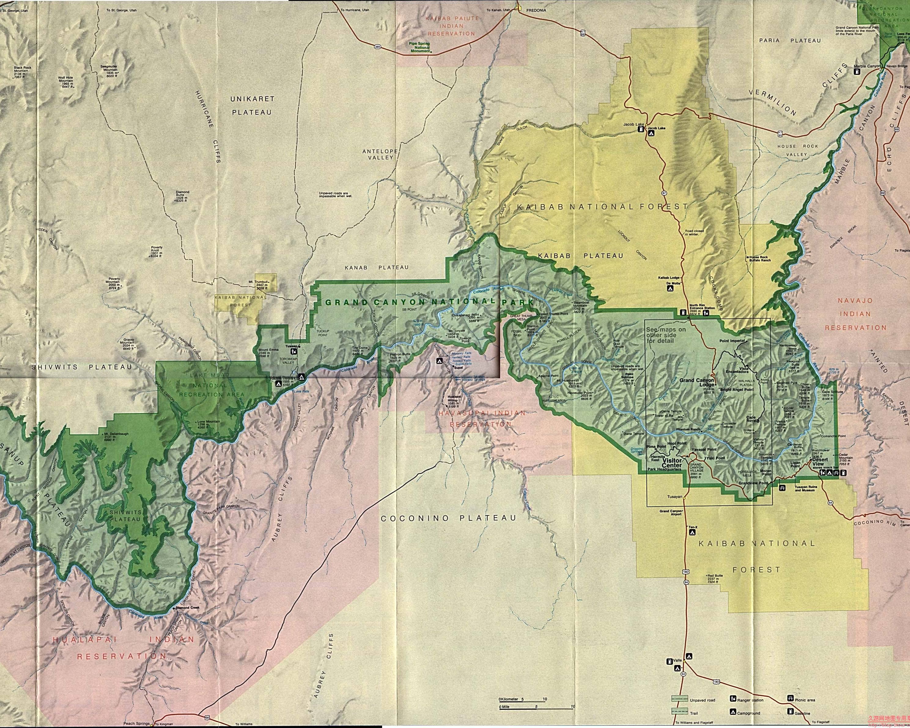 美国Arizona州大峡谷公园地形图,美国地图高清中文版