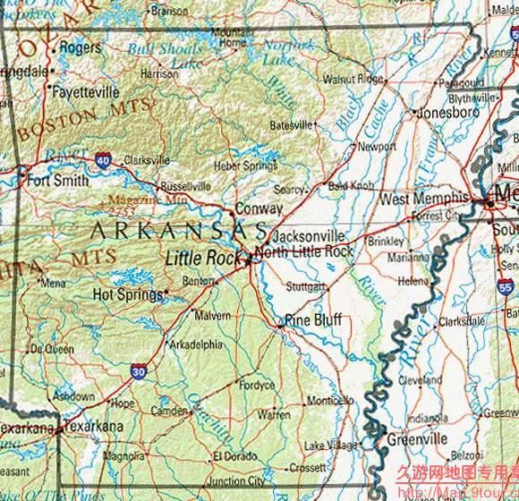 美国Arkansas州地形图,美国地图高清中文版