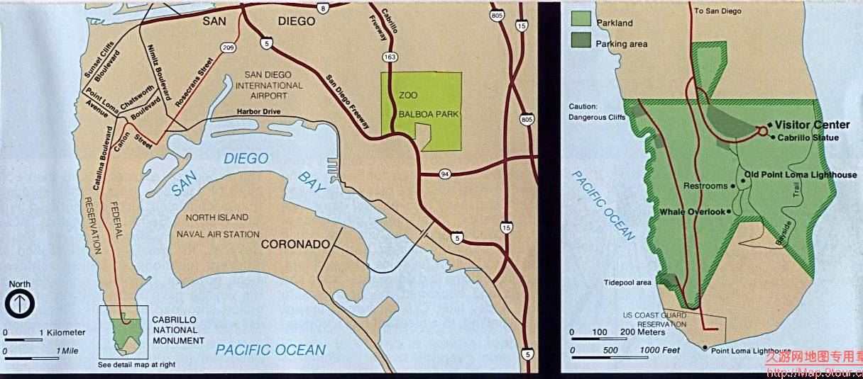 美国加利福利亚州Cabrillo National Monument位置图,美国地图高清中文版
