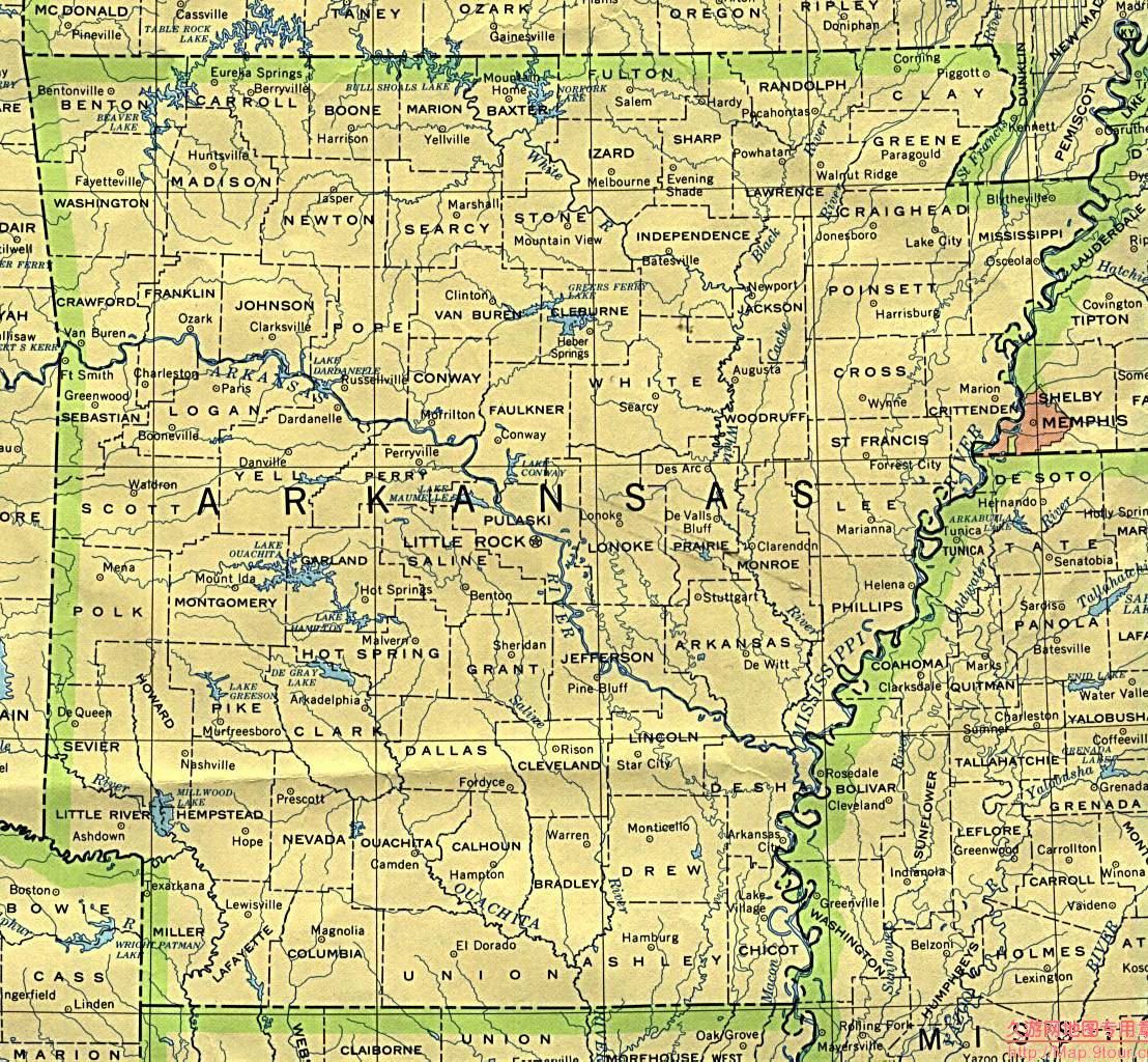美国Arkansas州政区图,美国地图高清中文版