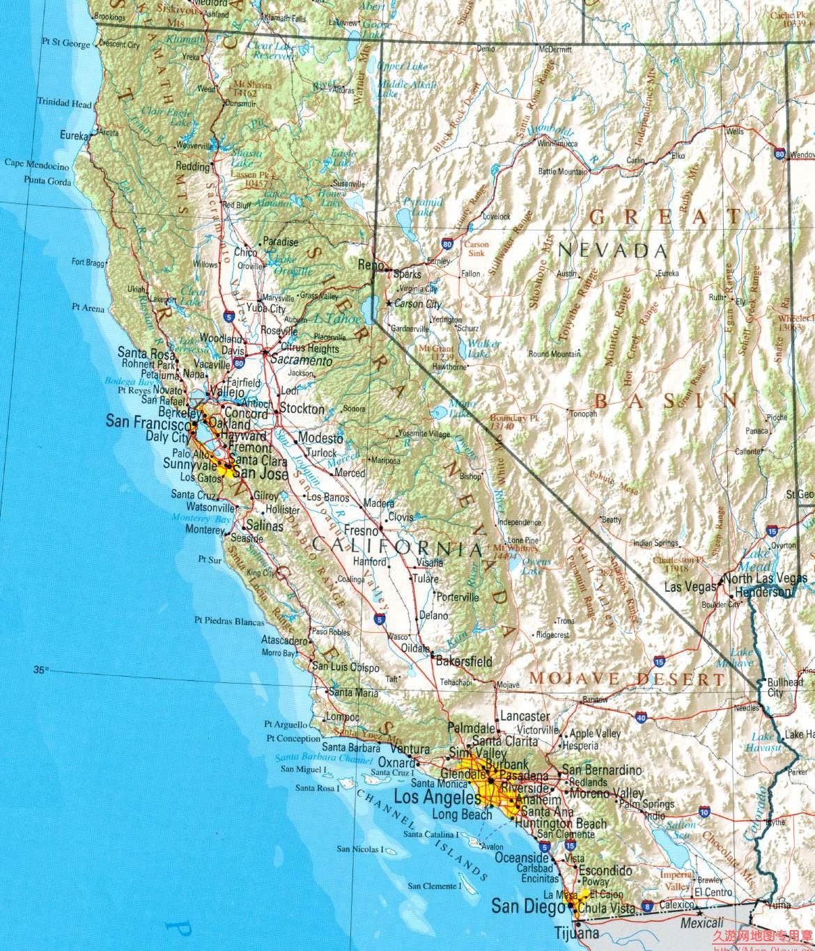美国Califorlia州地形图,美国地图高清中文版