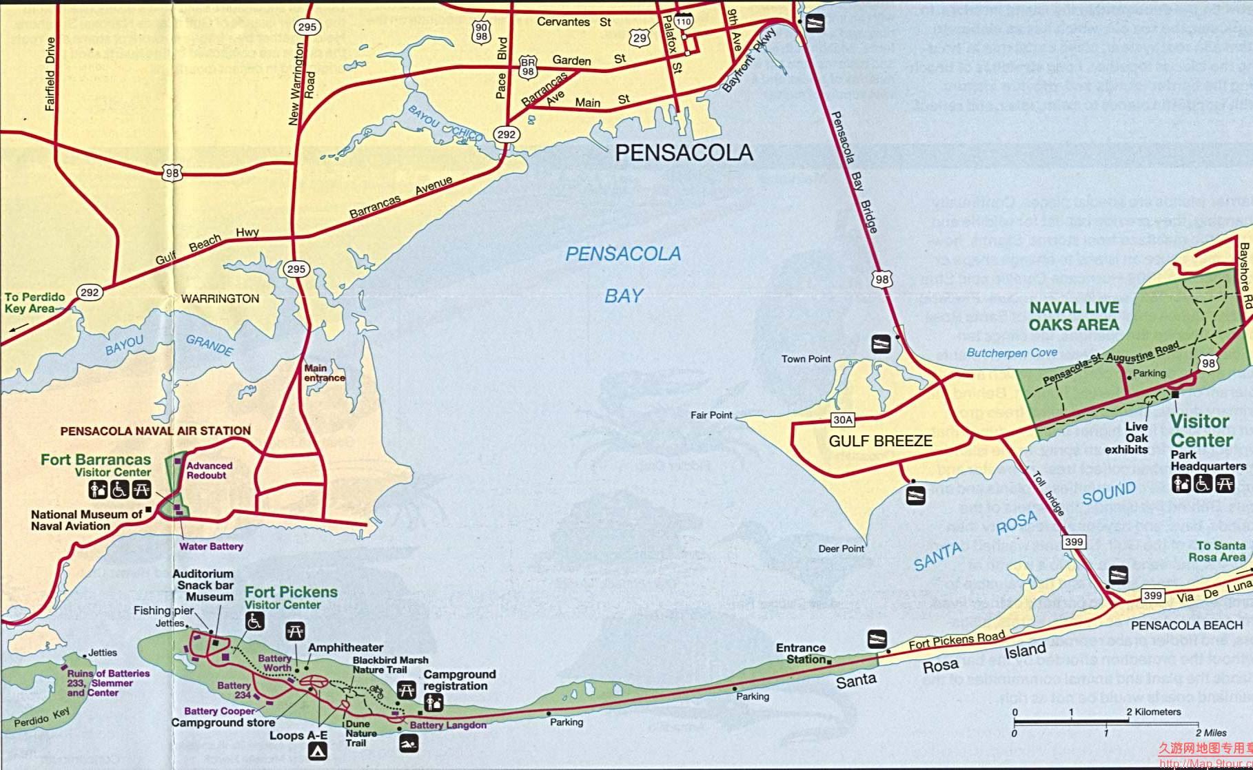 美国Florida州Pensacola Bay周边地图,美国地图高清中文版