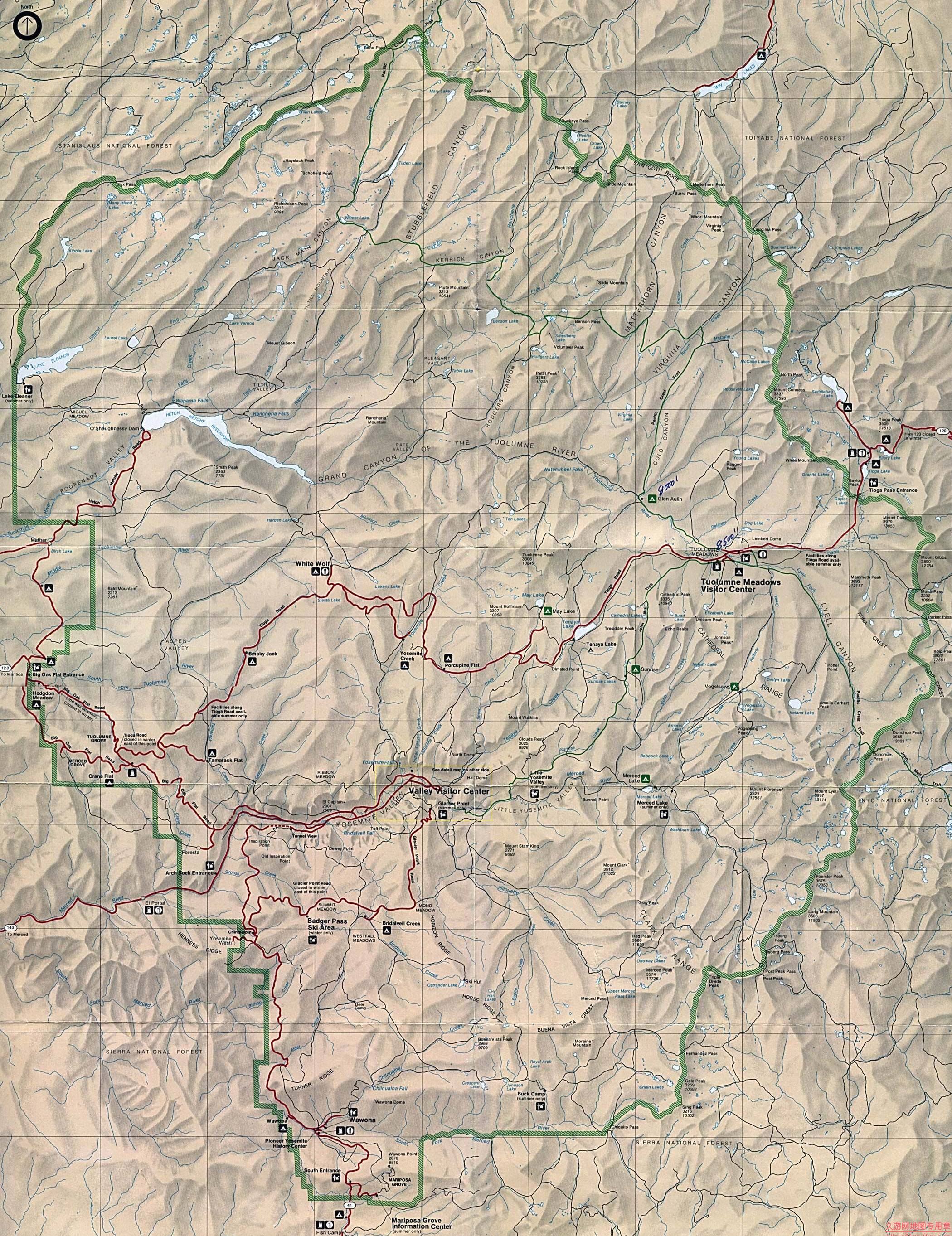 美国Califorlia州Yosemite地图,美国地图高清中文版