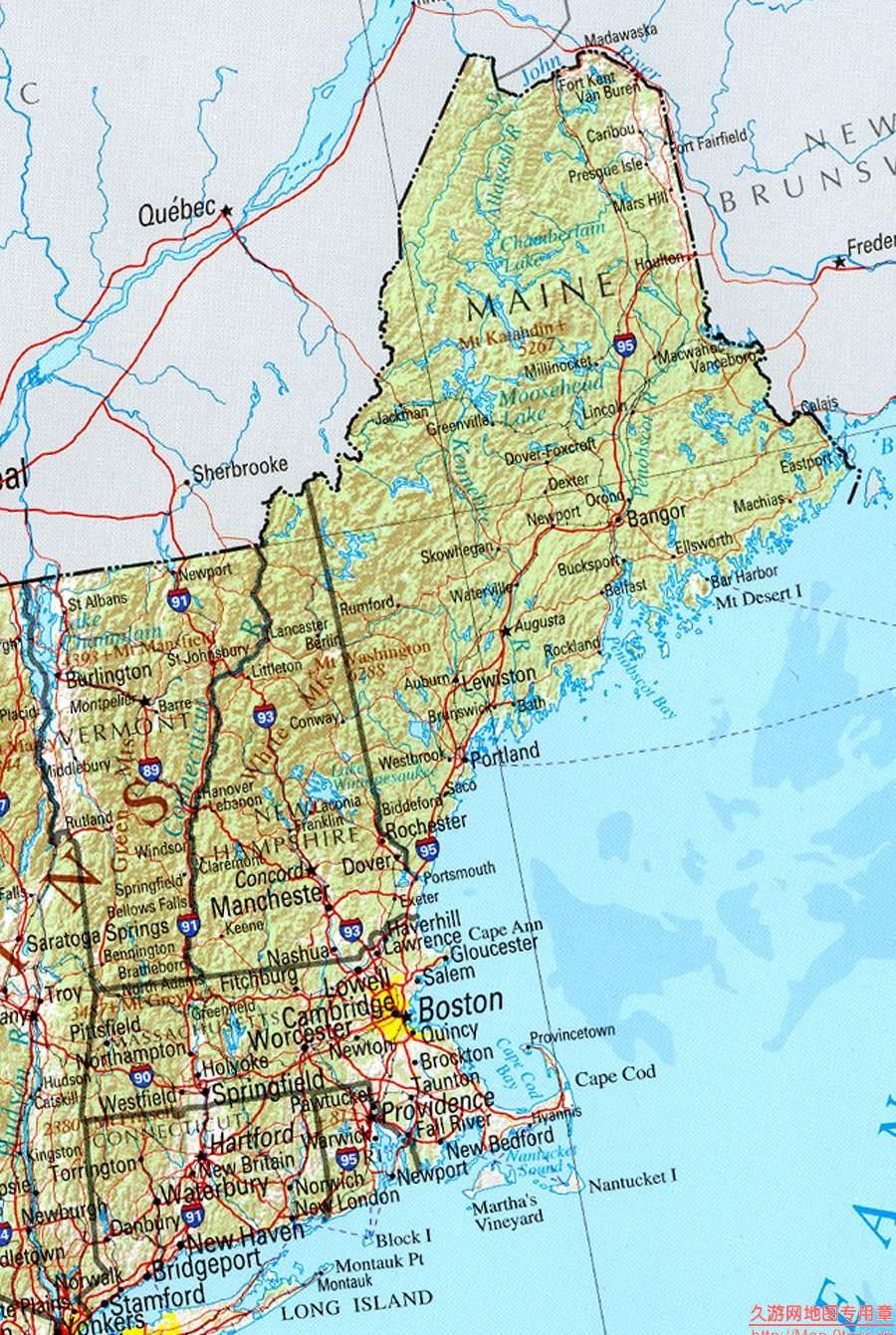美国New England地区地形图,美国地图高清中文版
