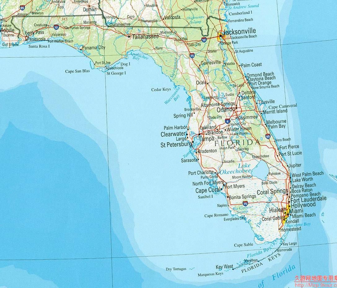 美国Florida州地形图,美国地图高清中文版