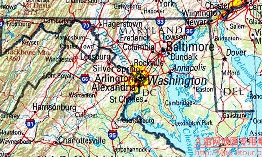 美国Maryland&Delaware&Washington地区地形图,美国地图高清中文版
