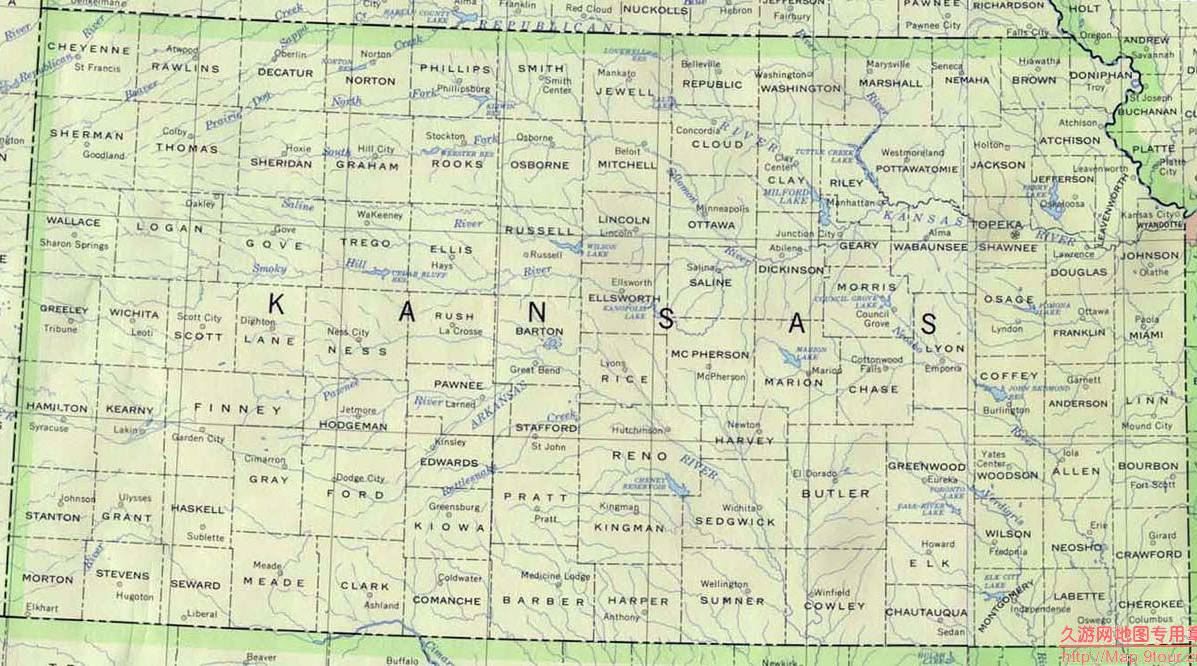 美国Kansas州政区地图,美国地图高清中文版