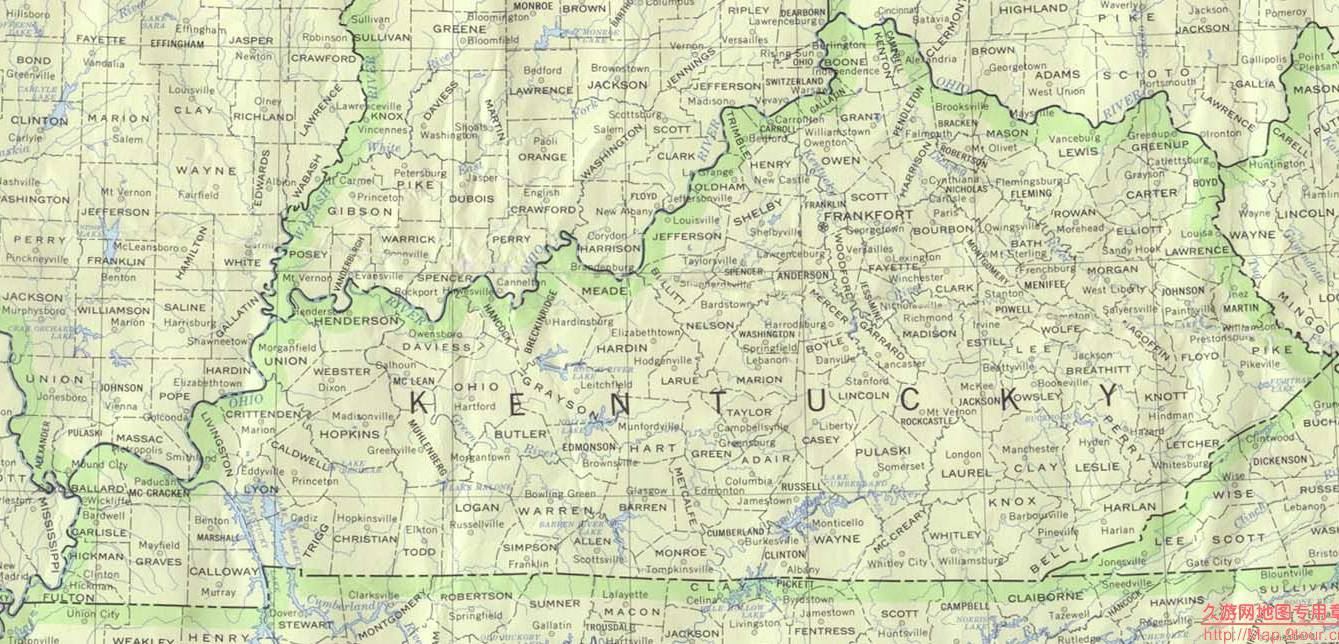 美国Kentucky州政区图,美国地图高清中文版
