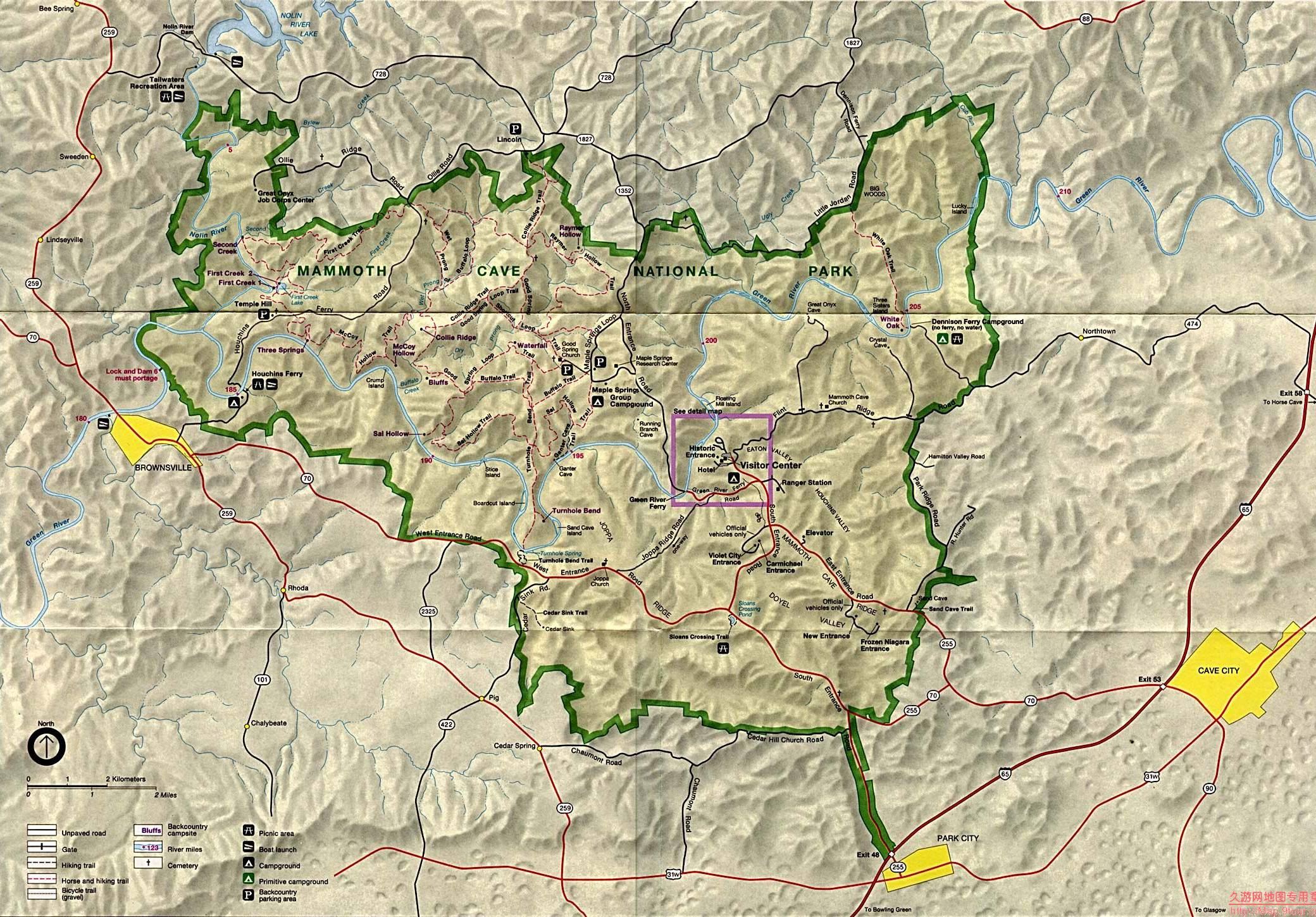 美国Kentucky州Mammoth Cave国家公园地图,美国地图高清中文版