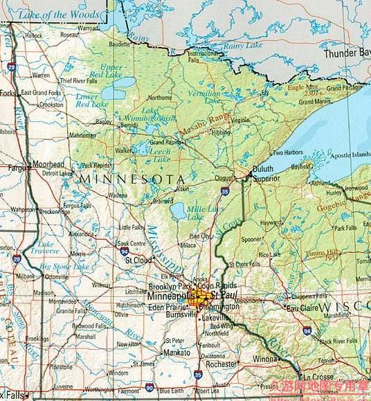 美国Minnesota州地形交通图,美国地图高清中文版