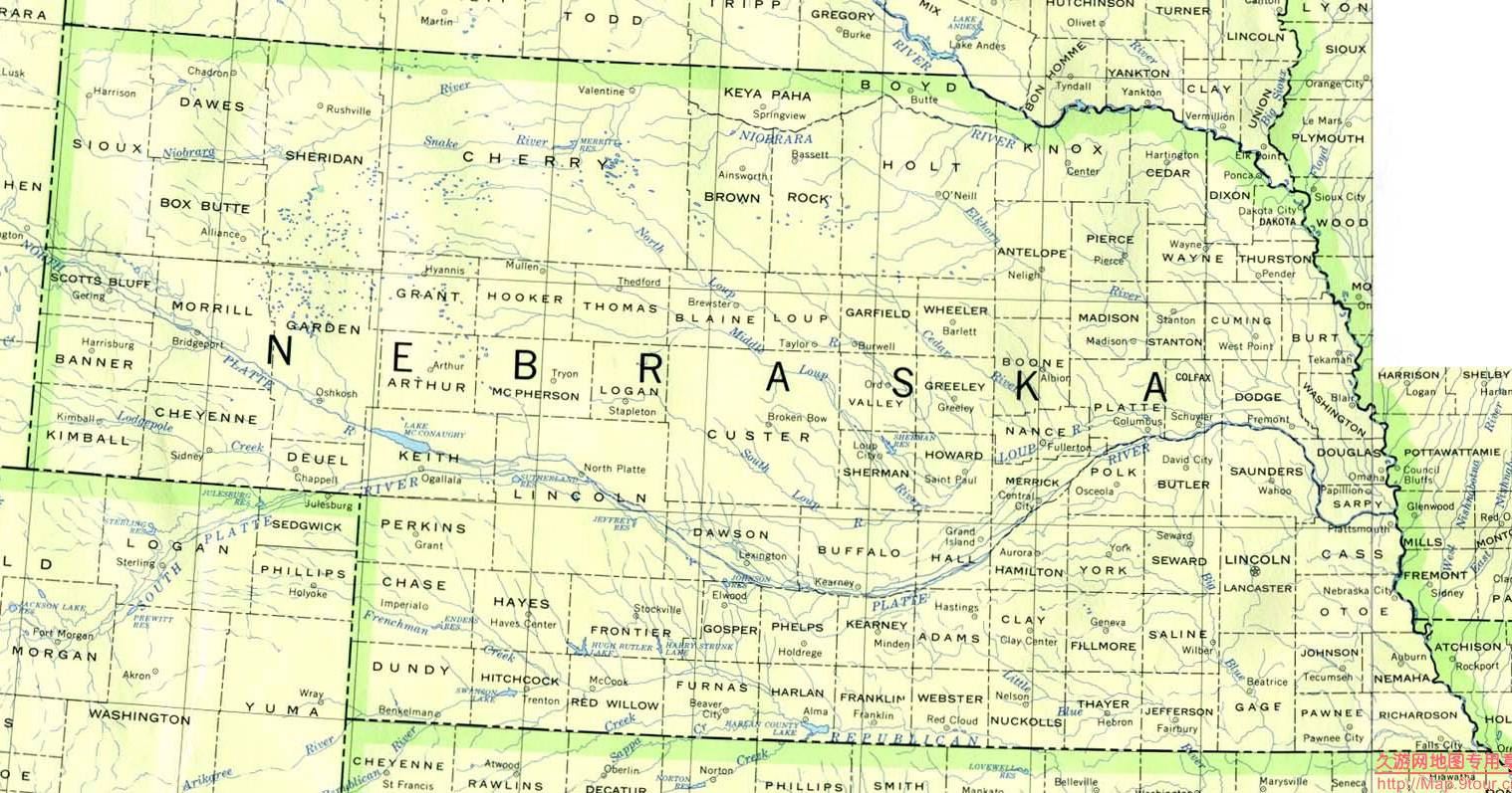 美国Nebraska州政区图,美国地图高清中文版