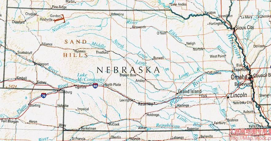 美国Nebraska州地形交通图,美国地图高清中文版