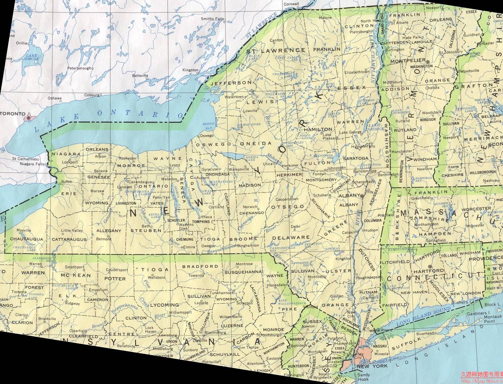 美国New York州政区图,美国地图高清中文版