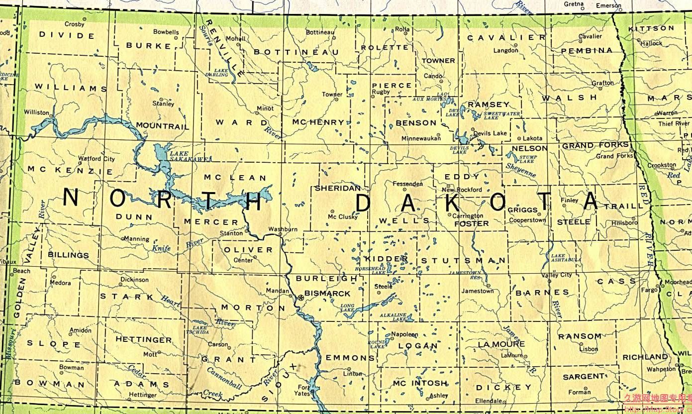 美国North Dakota政区图,美国地图高清中文版