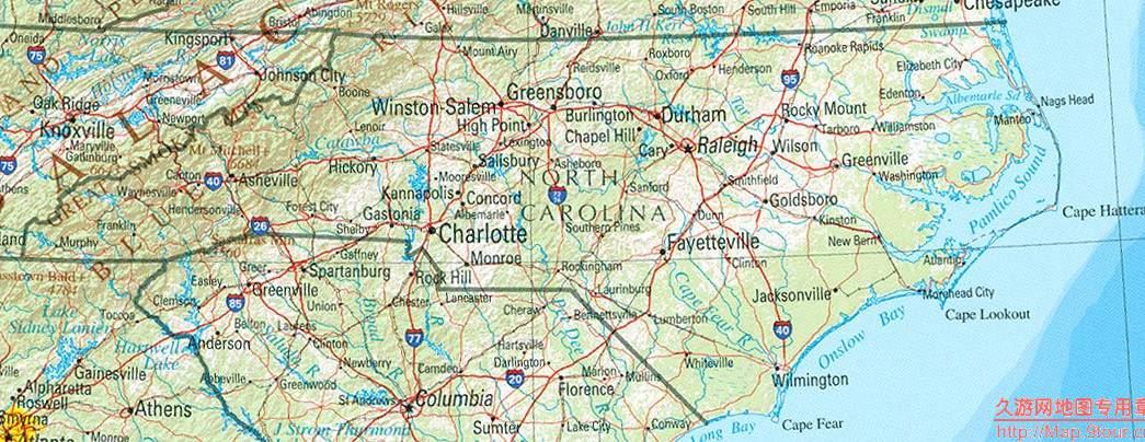 美国South Carolina州地形交通图,美国地图高清中文版