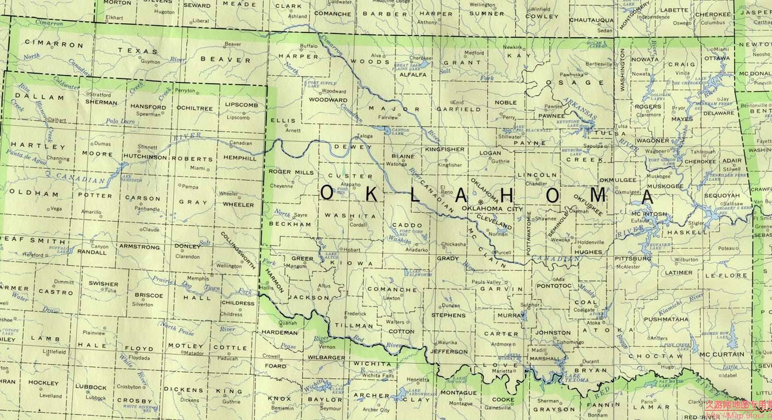 美国Oklahoma州政区图,美国地图高清中文版