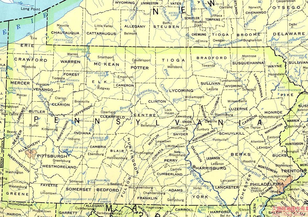 美国Pennsylvania州政区图,美国地图高清中文版