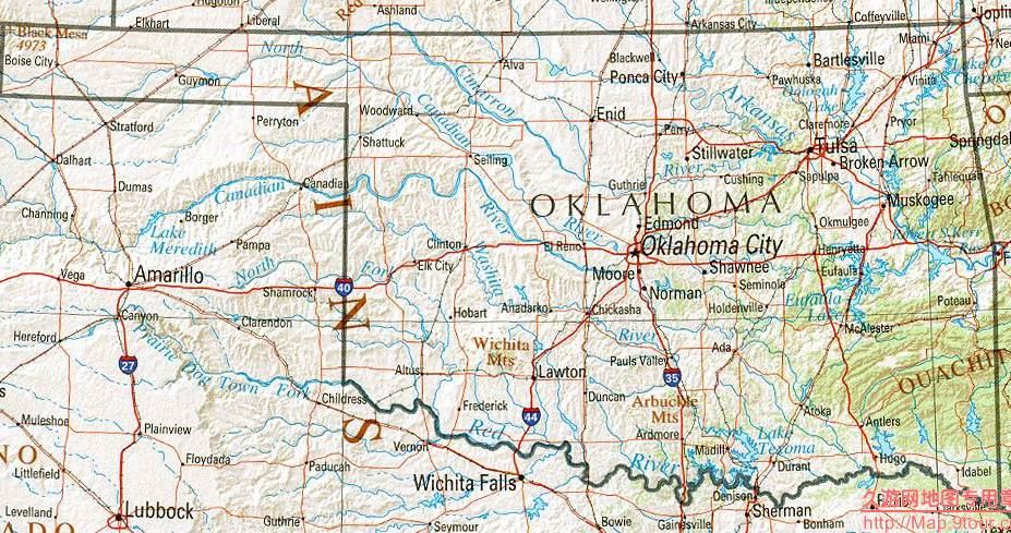 美国Oklahoma州地形交通图,美国地图高清中文版