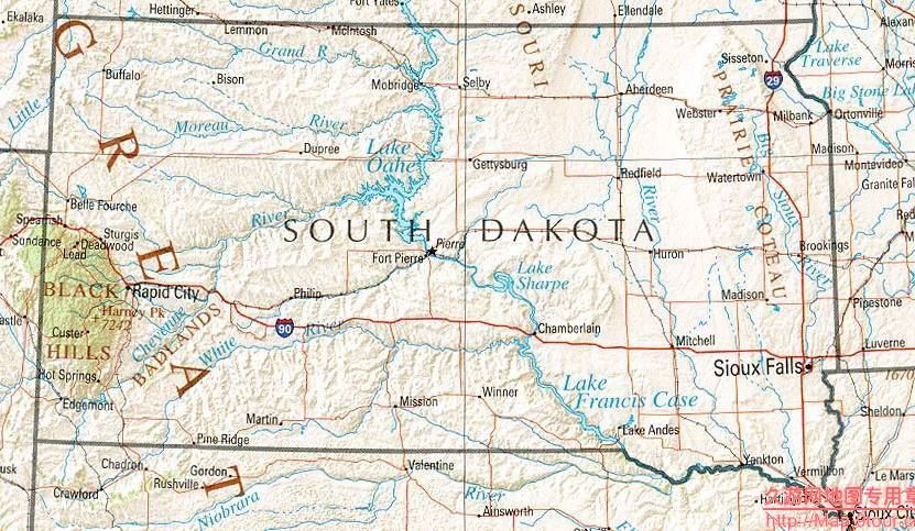 美国South Dakota州地形交通图,美国地图高清中文版