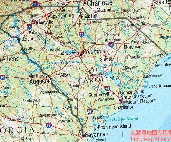 美国North Carolina州地形交通图,美国地图高清中文版