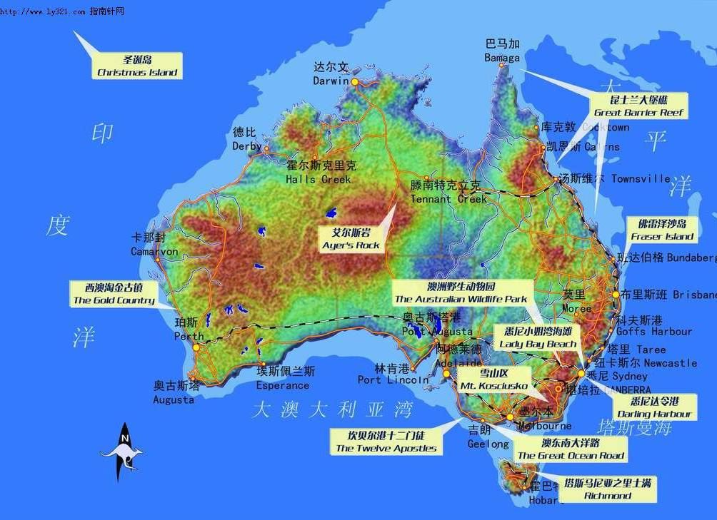 澳大利亚景区景点分布图,澳大利亚地图高清中文版