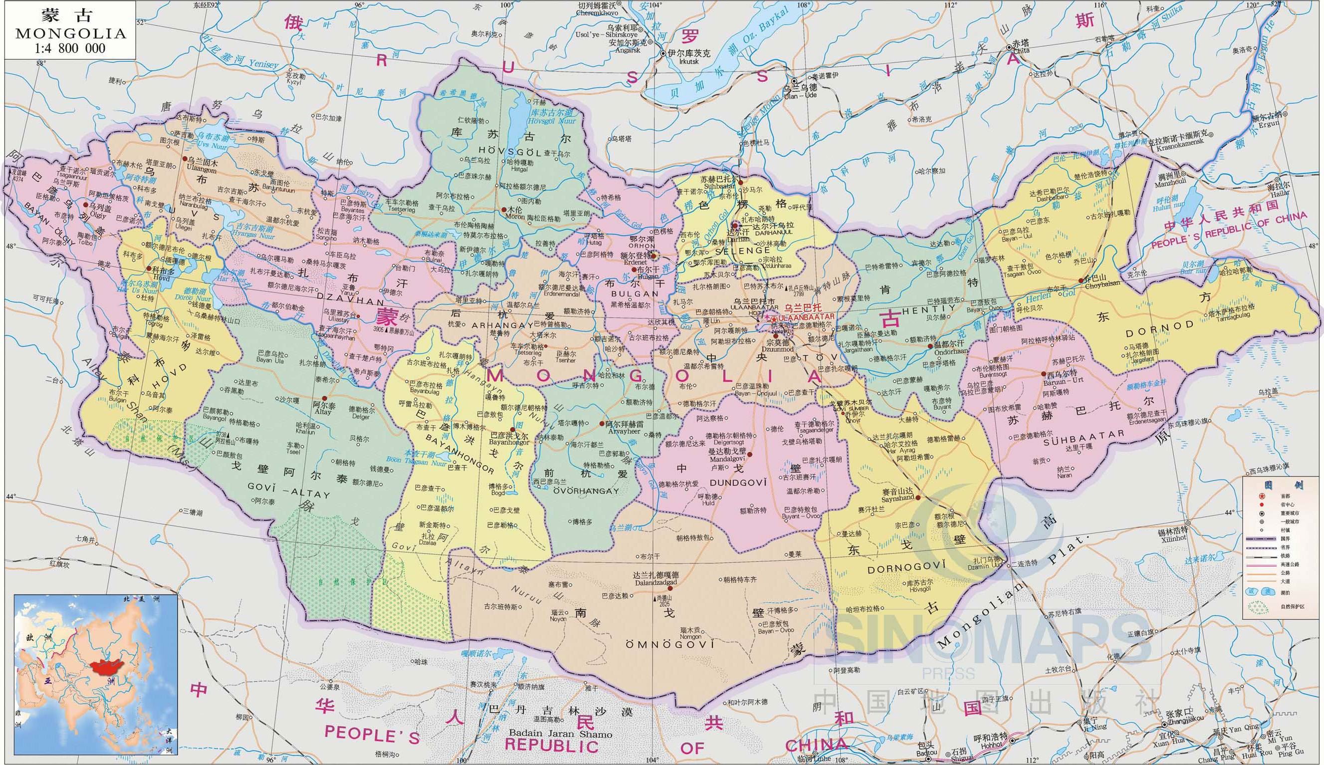 蒙古地图,蒙古地图高清中文版