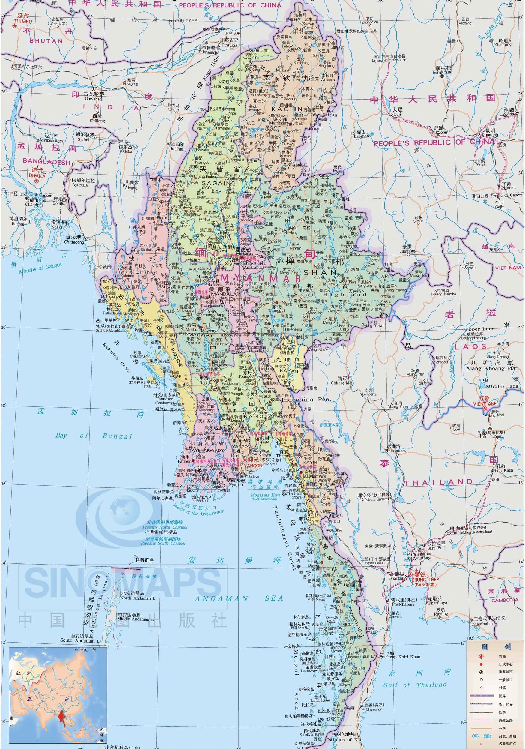 中文缅甸及周边地图,缅甸地图高清中文版